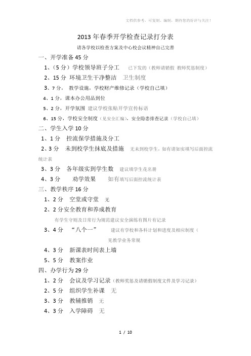 2013年春季开学检查小学材料及打分表