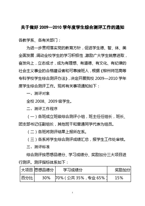 关于做好2009-2010学年度学生综合测评工作的通知
