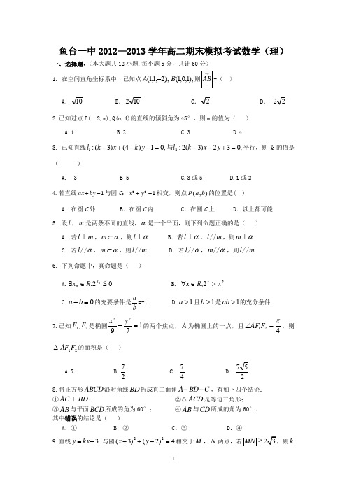 【数学】山东省鱼台一中2012-2013学年高二上学期期末模拟试题(理)20