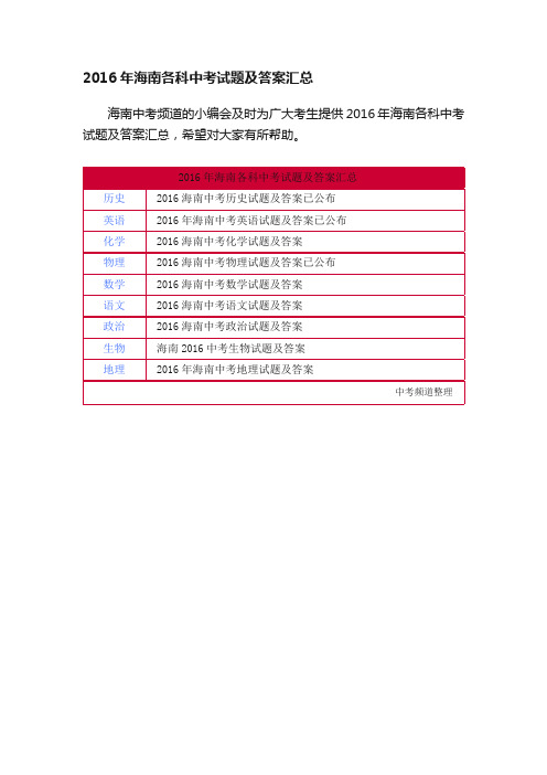 2016年海南各科中考试题及答案汇总