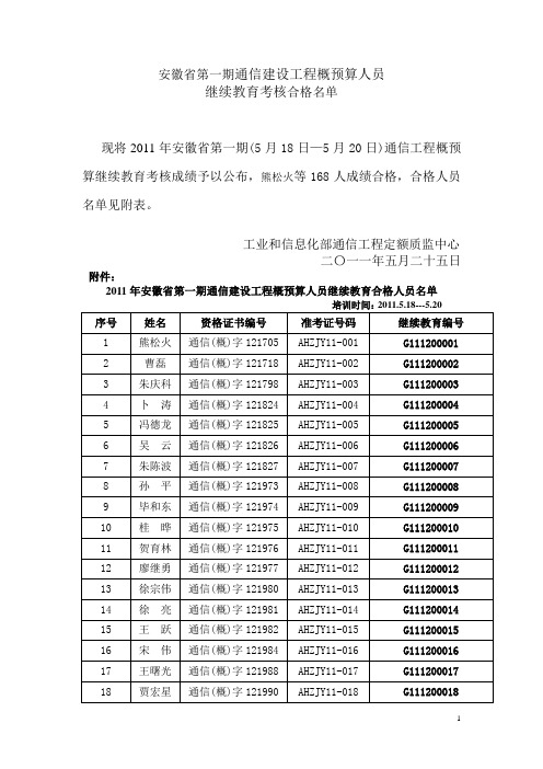 安徽省第一期通信建设工程概预算人员