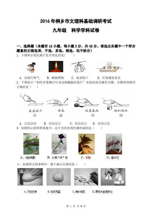 2016年桐乡市文理科基础调研考试试卷