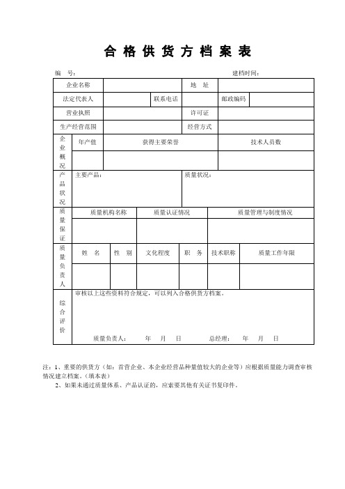 合格供货方档案表