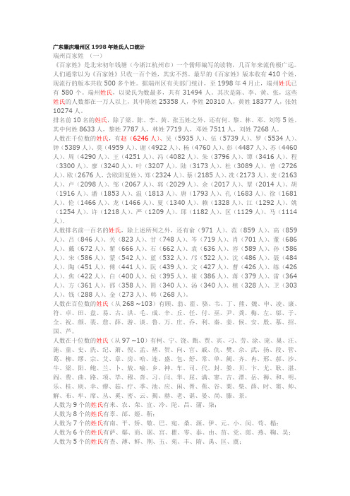 广东肇庆端州区1998年姓氏人口统计