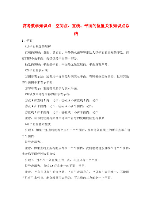 高考数学知识点：空间点、直线、平面的位置关系知识点总结  