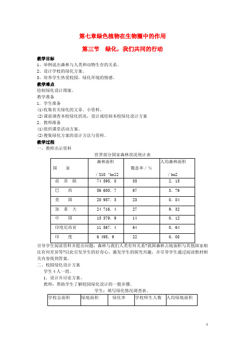 七年级生物上册 第3单元 生物圈中的绿色植物 第三节 绿化,我们共同的行动名师教案 苏教版 
