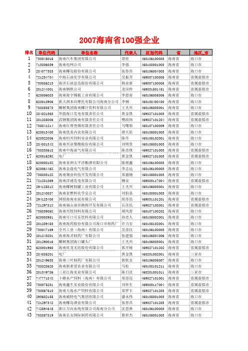 2007年海南一百强企业名单