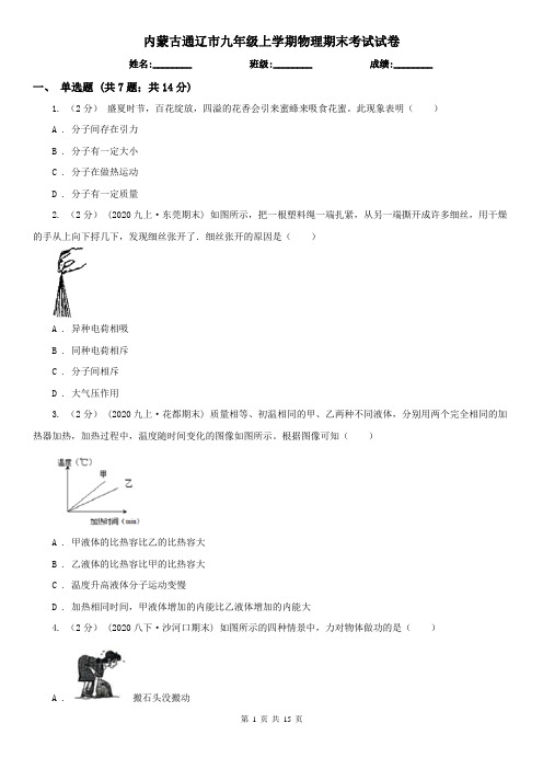 内蒙古通辽市九年级上学期物理期末考试试卷