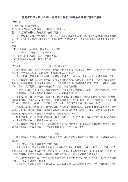 青海省历年(2011-2021)中考语文卷作文题目解析及例文精选汇集练