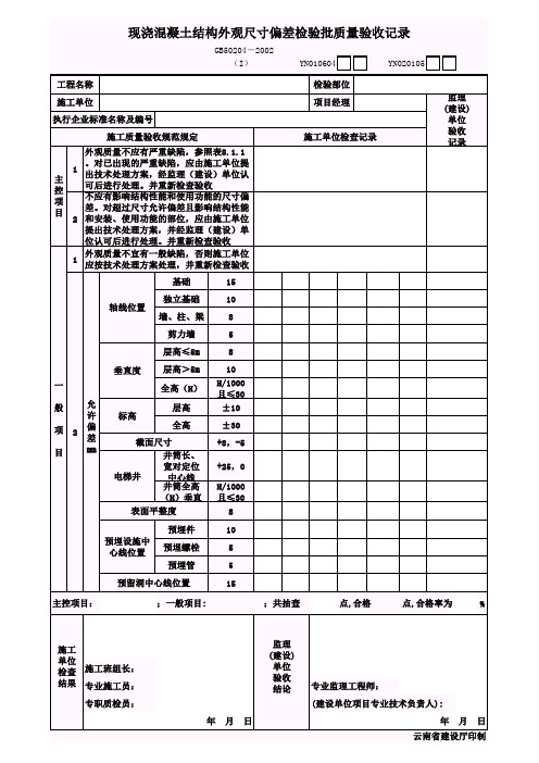 现浇混凝土结构外观尺寸偏差检验批质量验收记录