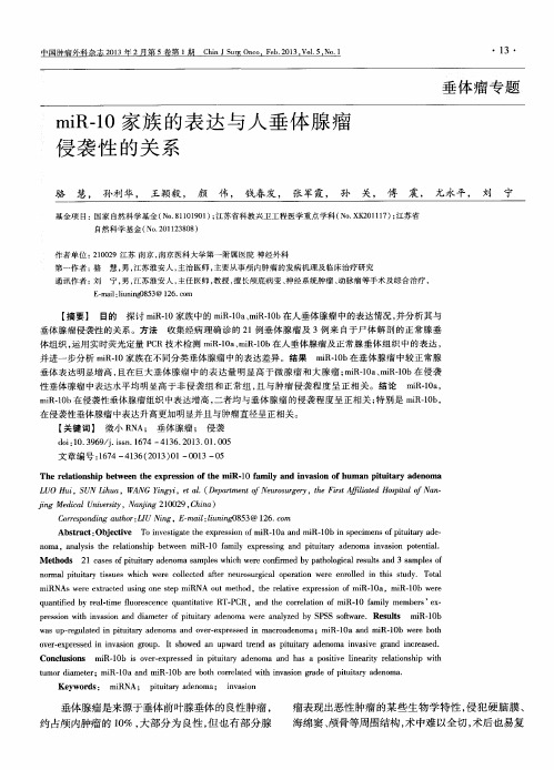 miR-10家族的表达与人垂体腺瘤侵袭性的关系