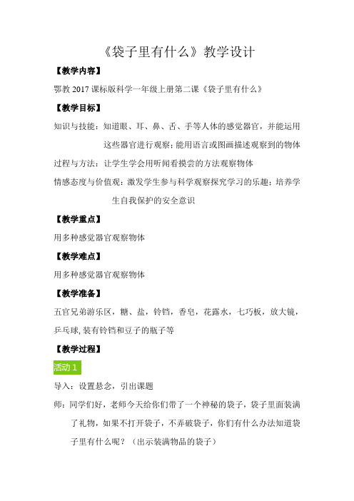 一年级科学上册教案 -《2 袋子里面有什么》 人教版