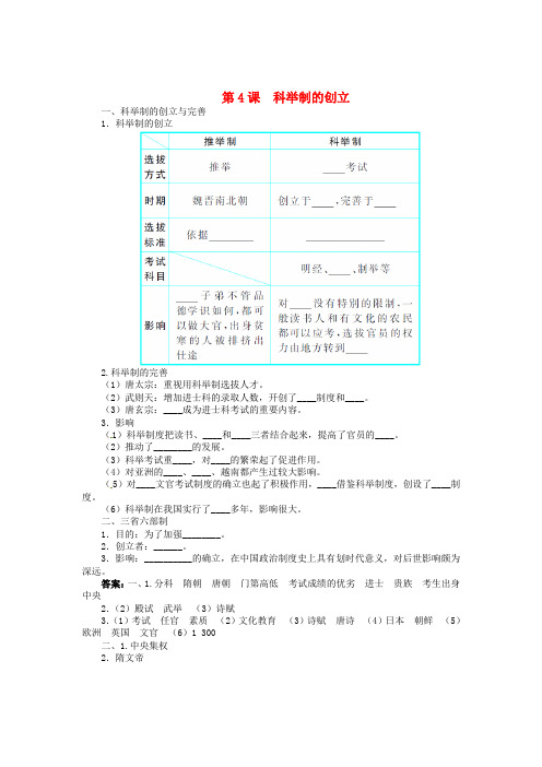 七年级历史下册同步练习第一单元第4课科举制的创立