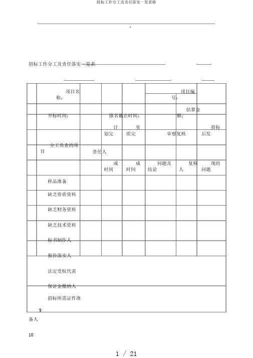 投标工作分工及责任落实一览表格
