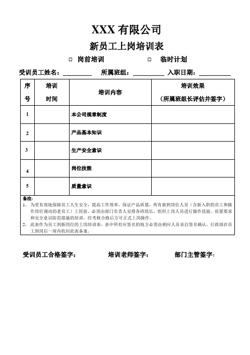 新员工上岗培训表