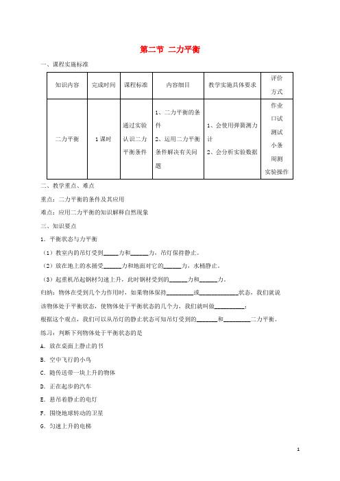 部编版2020八年级物理下册 8.2二力平衡导学案 (新版)新人教版