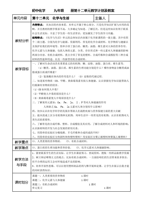 初中化学九年级册第十二单元教学计划及教案