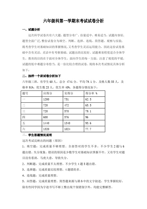 小学六年级科学试卷分析上册