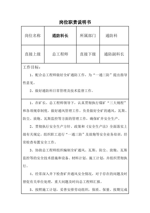 岗位职责说明书(通防科)