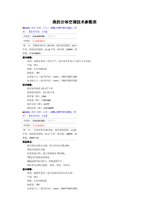 分体空调技术参数表2012