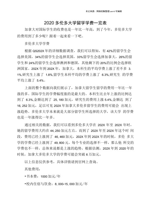 2020多伦多大学留学学费一览表.doc