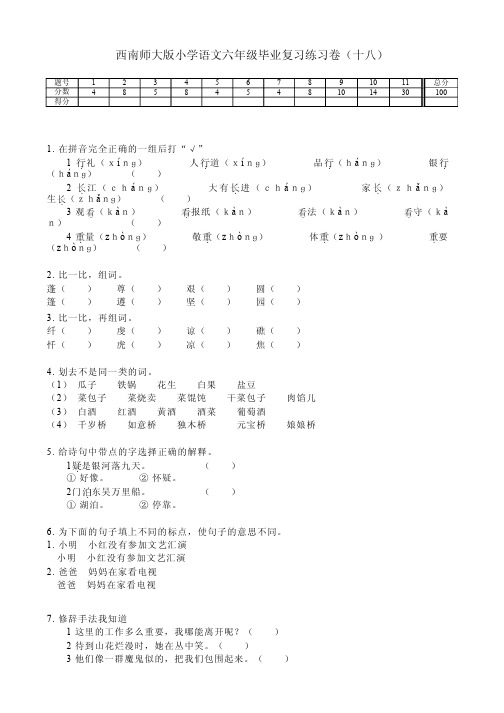 西南师大版小学语文六年级毕业复习练习卷(十八)