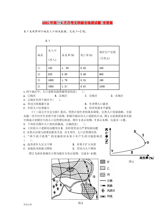 2021-2022年高一6月月考文科综合地理试题 含答案