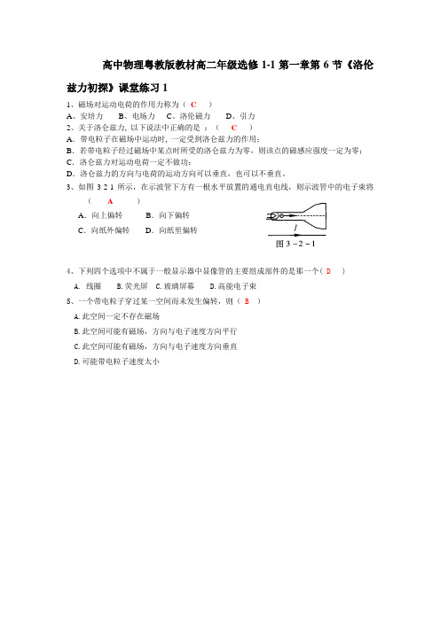 物理粤教版教材高二年级选修1-1第6节洛伦兹力初探课堂练习1