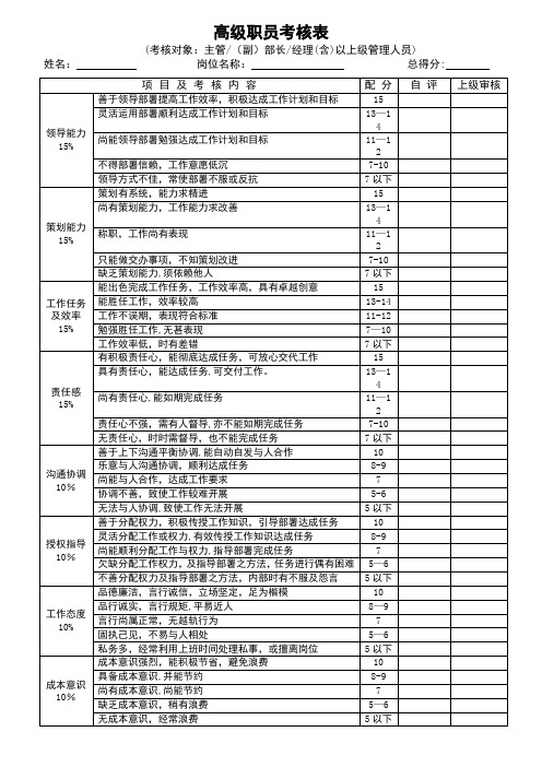 员工绩效考核表格模版(各部门加通用版本)