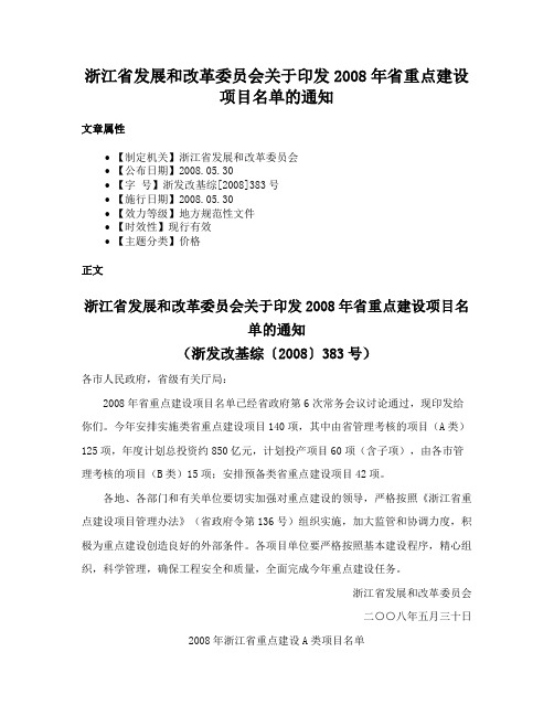 浙江省发展和改革委员会关于印发2008年省重点建设项目名单的通知