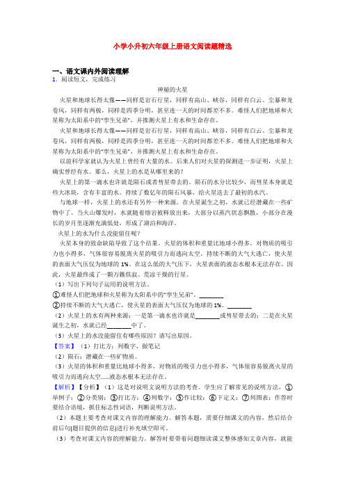 小学小升初六年级上册语文阅读题精选
