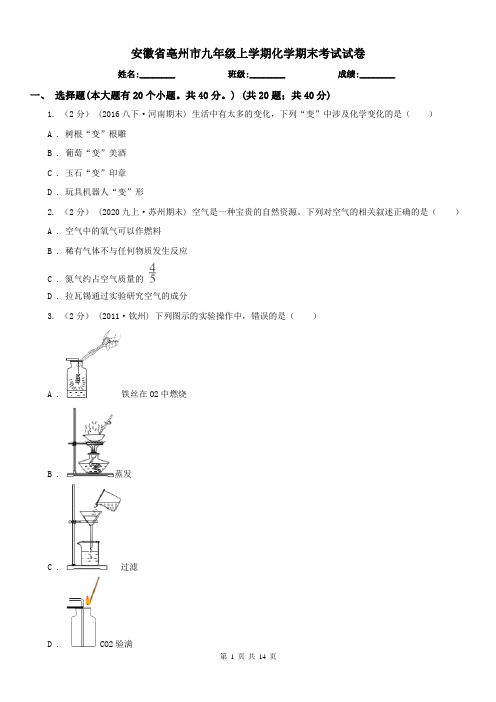 安徽省亳州市九年级上学期化学期末考试试卷