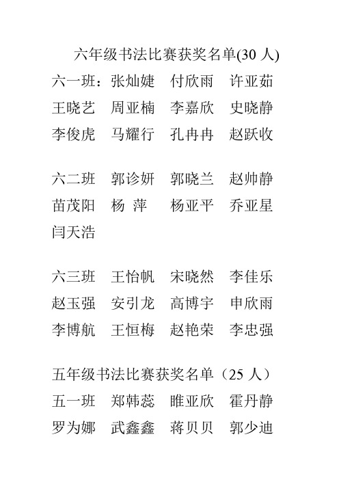 六年级书法比赛获奖名单