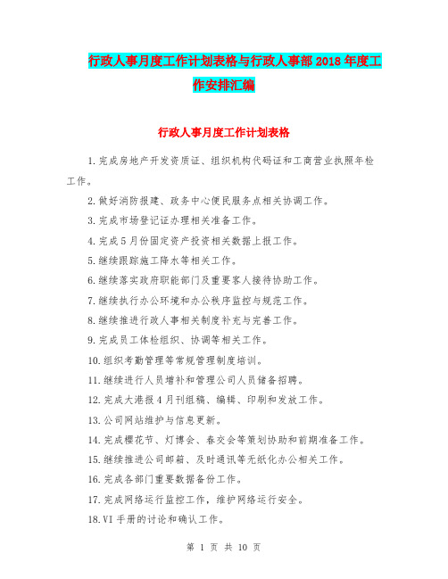 行政人事月度工作计划表格与行政人事部2018年度工作安排汇编.doc