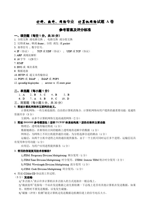 2011计算机网络试题--A答案