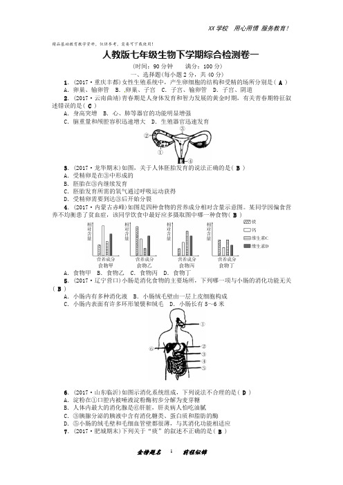 新人教版七年级生物下学期综合检测卷(附答案)