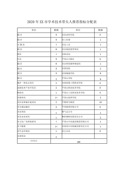 2020年XX市学术技术带头人推荐指标分配表