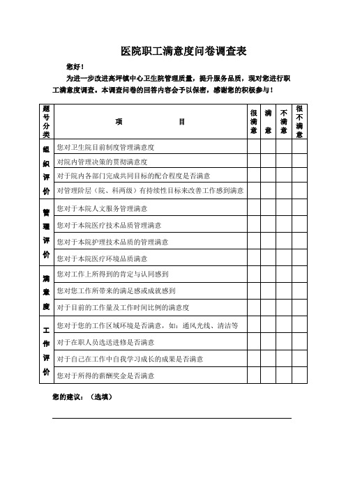 医院职工满意度问卷调查表