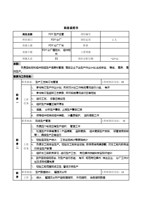 新丰化纤项目组分厂生产主管职位说明书