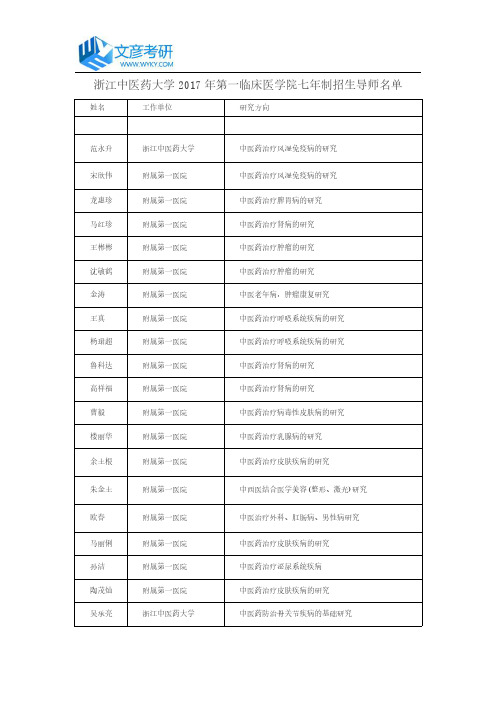 浙江中医药大学2017年第一临床医学院七年制招生导师名单