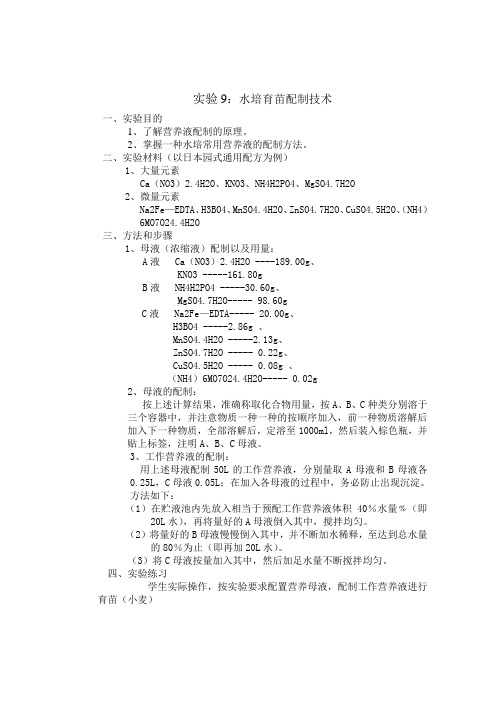 实验9 水培育苗配制技术