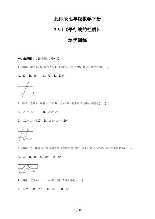 北师大版七年级数学下册   2.3.1 平行线的性质  培优训练(含答案)