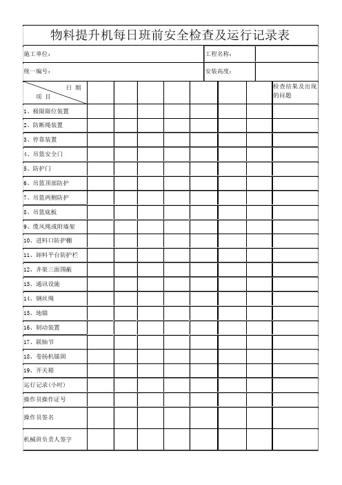 物料提升机每日班前安全检查及运行记录表