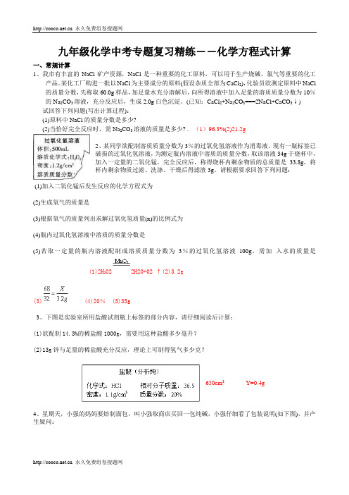 九年级化学中考专题复习精练――化学方程式计算