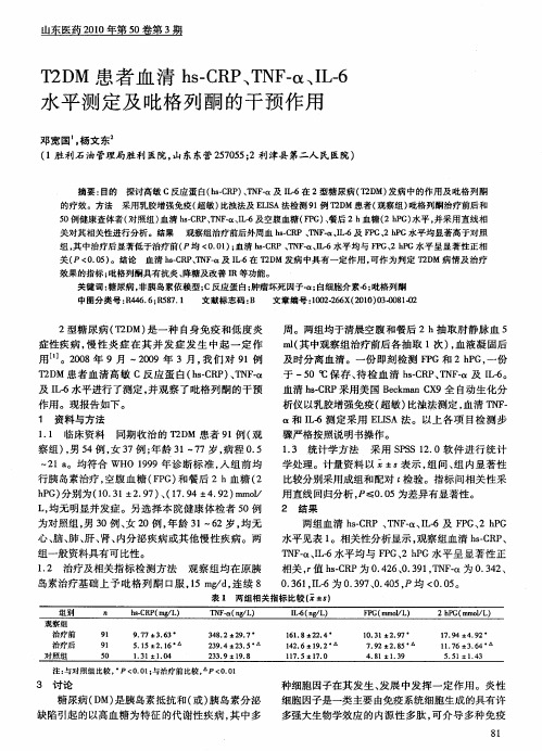 T2DM患者血清hs—CRP、TNF—α、IL-6水平测定及吡格列酮的干预作用