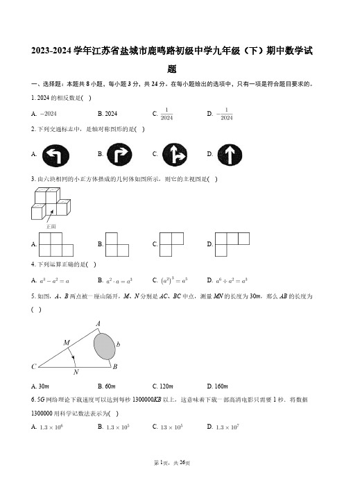 2023-2024学年江苏省盐城市鹿鸣路初级中学九年级(下)期中数学试题+答案解析