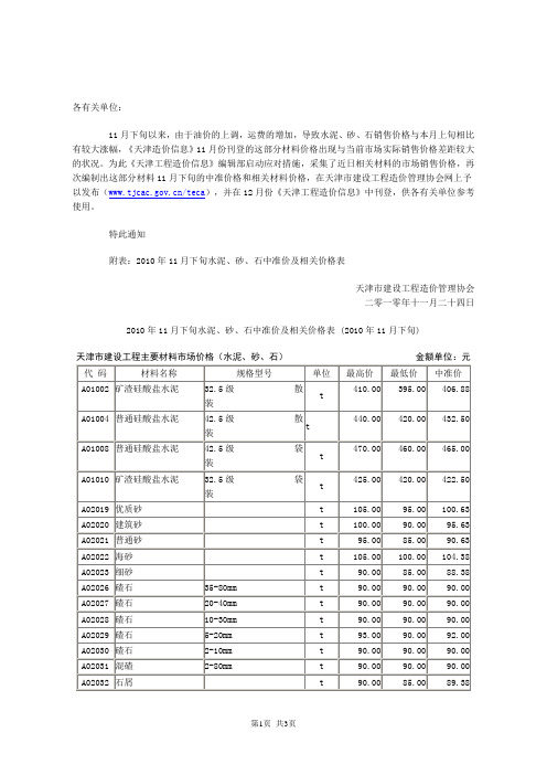 2010年11月下旬水泥、砂、石中准价及相关价格表
