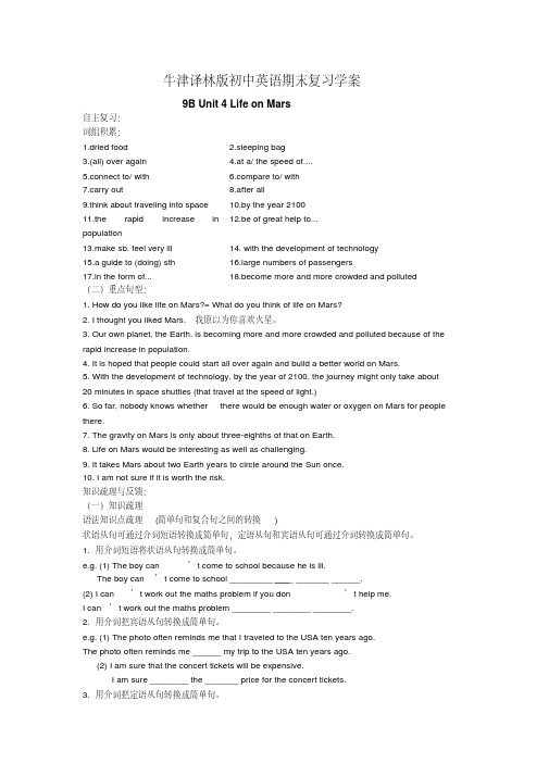 《牛津译林版初中英语九年级下Unit4》复习学案有答案