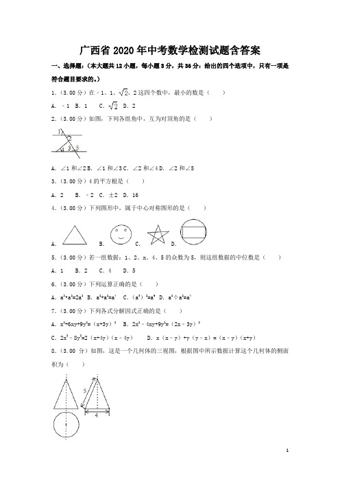 广西省2020年中考数学检测试题含答案