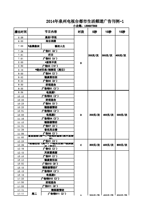 2014年福建泉州电视台都市生活频道广告刊例表